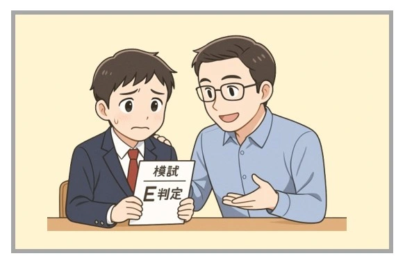 模試でE判定を取って落ち込む中学生男子を励ます家庭教師のイラスト｜福岡高校などの逆転合格を目指す受験生への指導
