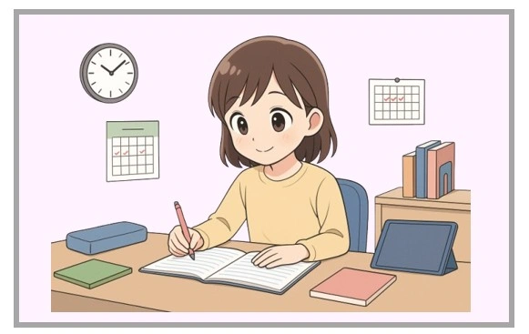 福岡高校合格を目指して学習習慣を身につける女子小学生が整理された机で勉強する様子｜中学進学に向けた基礎力づくりの重要性を伝えるイラスト