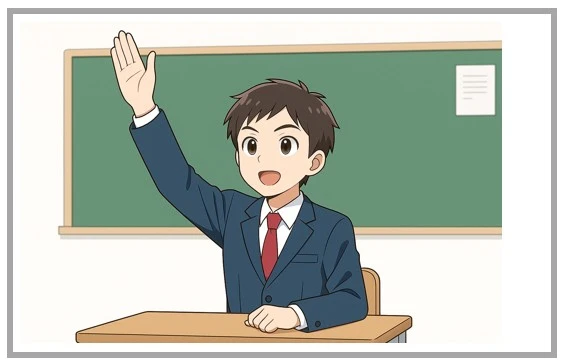 福岡高校を目指して授業中に積極的に手を挙げる男子中学生のイラスト｜内申点アップに向けた授業態度の工夫