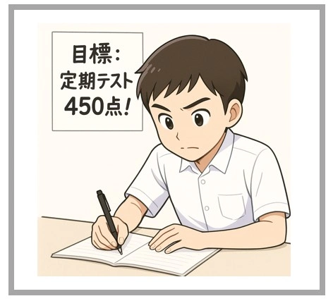 福岡高校を目指して定期テスト450点を目標に一生懸命問題を解く男子中学生のイラスト｜中学最初のテストでスタートダッシュを狙う学習風景