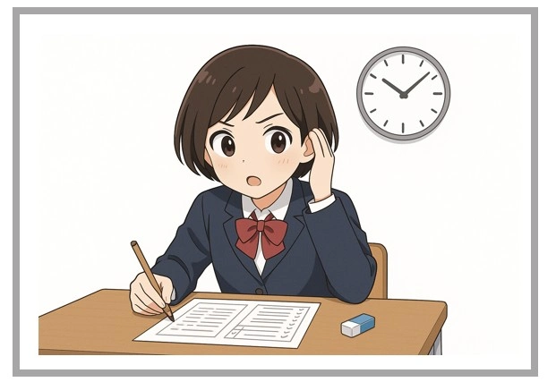 福岡高校入試本番で時計を気にしながら答案を解き進める女子中学生のイラスト｜限られた時間の中で集中力を発揮する受験シーン