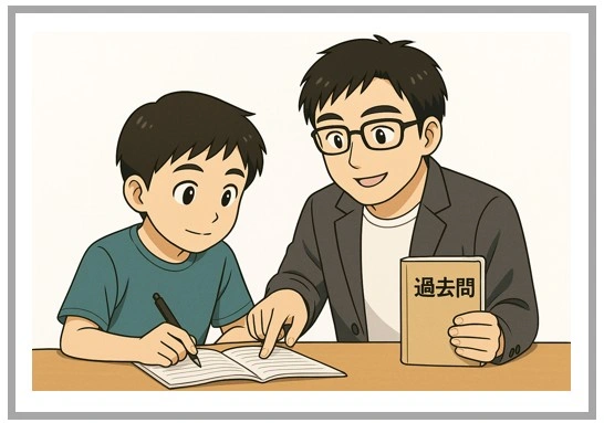 過去問対策をする家庭教師と生徒のイラスト